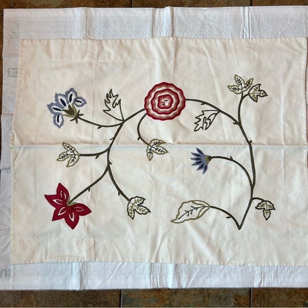 Pottery Barn Pillow Sham Set Floral Embroidered Cotton 19x26” Cream Green Garden